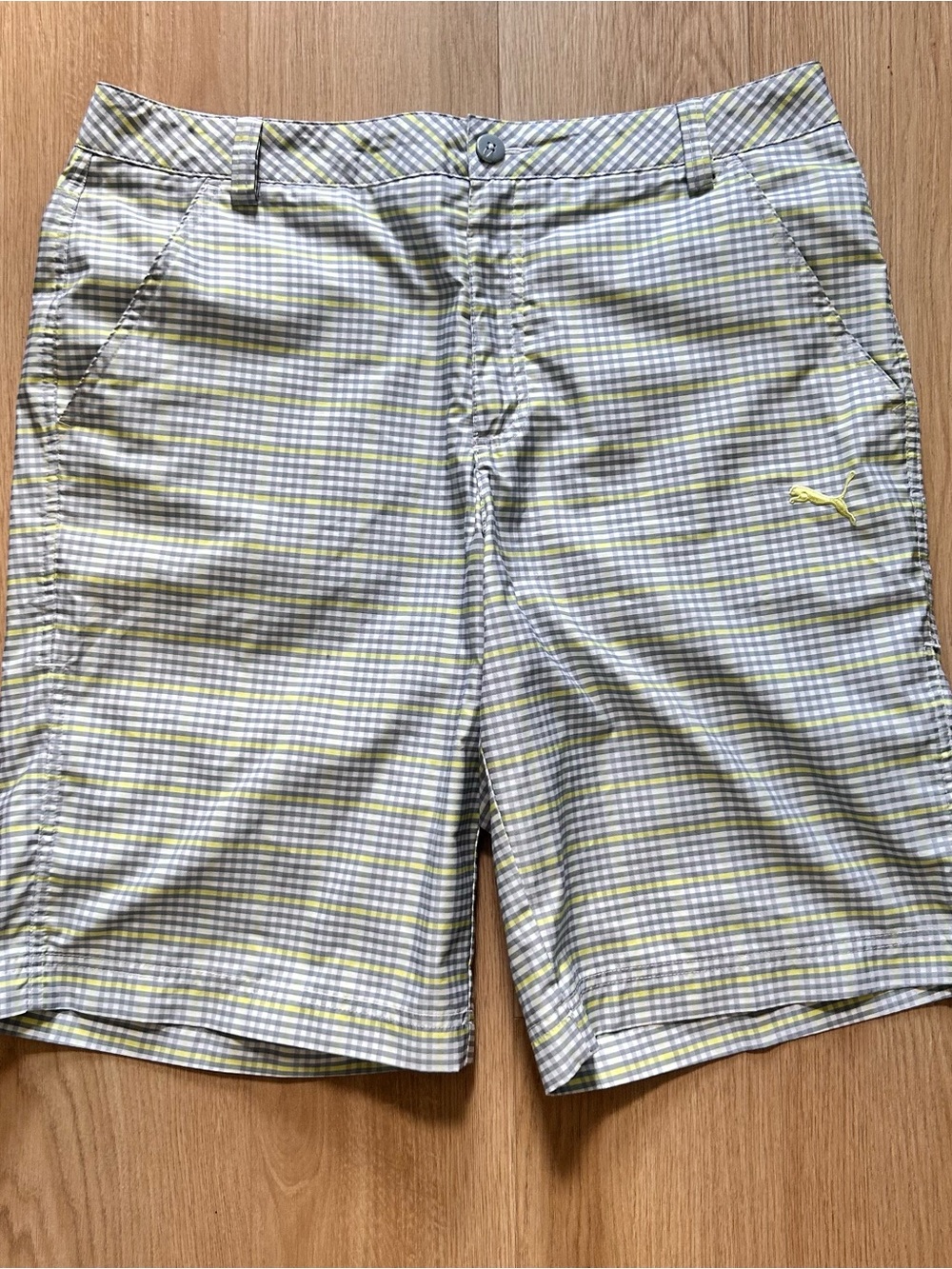 Puma Men’s Yellow & Gray Plaid Flat-Front Shorts